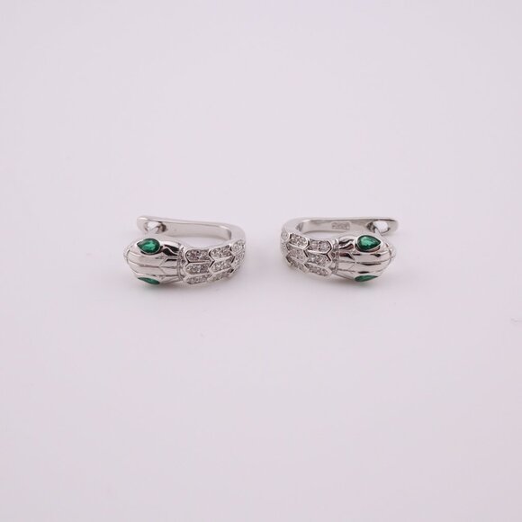 Women's Sterling Silver Serpent Hoop Earrings with Green CZ Eyes Huggie Style ** - Picture 3 of 11